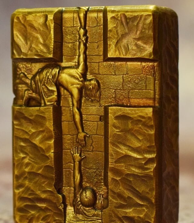 Salvation Catholic Cross Kerosene Lighter Hand Carved G Brass